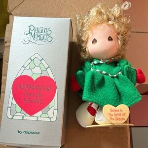 Precious Moments Green and Red Doll with Heart Stand